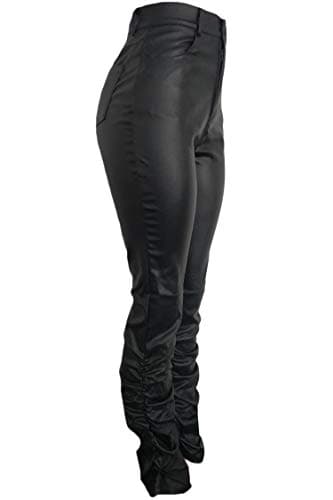 GUOLEZEEV PU Solid Middle High Waist Stacked Pants for Women Faux Leather Ruffle Ruched Bottom Leggings Pants view 5