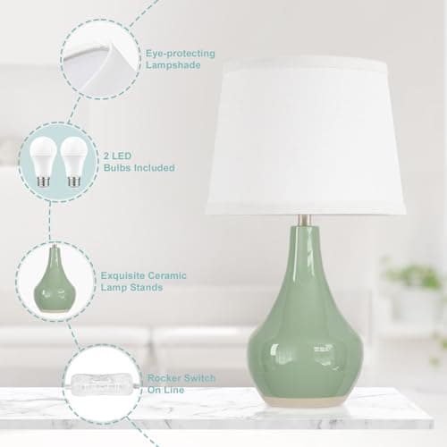 Seealle Modern Green Table Lamps Set of 2 - Bedside Lamps for Night Stands, 19.4" Bedroom Lamps for Living Room Sage Green Lamps with Rocker Switch view 5