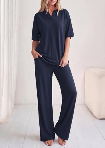 KIRUNDO Womens 2 Piece Matching Lounge Set Airport Travel Vacation Summer Outfits Oversized Short Sleeve Tops Wide Leg Pants view 6