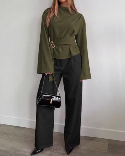 BTFBM Women Business Casual Blouses Bell Long Sleeve Tie Waist Top view 6