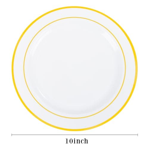PULOTE 100PCS Gold Plastic Plates - 10 Inch White with Gold Trim Plastic Dinner Plates Disposable for Dinenr, Party, Wedding & Thanksgiving view 3