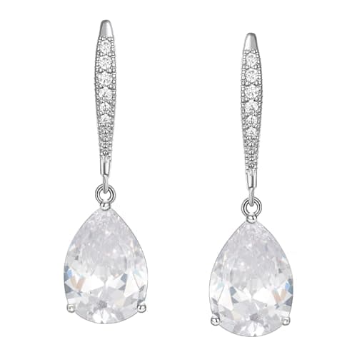 SWEETV Teardrop Wedding Bridal Earrings for Brides Birdesmaids, Silver Sparkly Cubic Zirconia Drop Dangle Earrings for Women Prom Jewelry Gifts — image 1