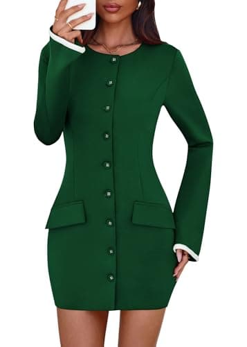 Lazysmile Women's Casual Dresses Long Sleeve Boat Neck Button Down Bodycon Mini Fall Party Club Cocktail Dresses for Women — image 1