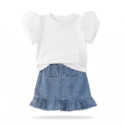 vfvBaby Toddler Baby Girl 2 Piece Outfit White Tulle Puff Sleeve Top & Denim Ruffle Skirt Set Infant Casual Summer Clothes — image 1