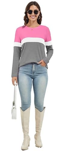 Jeqeocafy Women's Color Block Tunics Tops Crewneck Long Sleeve Shirts Casual Pullover Loose Fit T-Shirt view 4