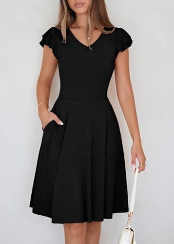 Lazysmile Summer Dresses for Women Ruffle Short Sleeve V Neck A Line Swing Ribbed Knit Casual Mini Short Dress view 4