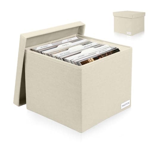 Himake Decorative Photo Storage Box - Linen Photo Box Organizers with Dividers, Fits Holds Up to 800 Photos in 8x10 inch Size, Portable Scrapbook Storage Containers with Lid (Beige) view 1