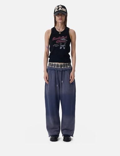 Aelfric Eden Double Waist Washed Baggy Sweatpants Loose Wide Leg Plaid Patchwork Casual Pants with Pockets view 3