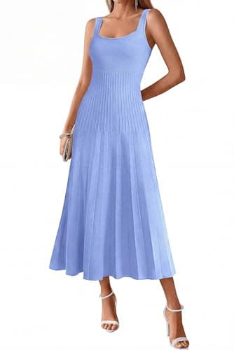 PRETTYGARDEN Spring Dresses for Women 2026 Summer Casual Sleeveless Square Neck A Line Knit Pleated Midi Cocktail Party Dress view 5