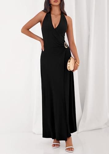 PRETTYGARDEN Halter Dresses for Women 2026 Elegant Classy Spring V Neck Tie Backless Summer Wedding Guest Cocktail Midi Dress view 5