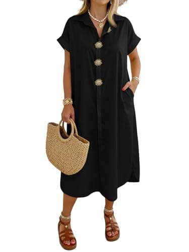 Wenrine Womens Summer Shirt Dress Casual Short Sleeve Button Maxi Dresses Beach Cover Up with Pockets view 1