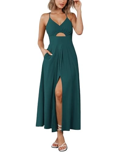 BTFBM Women 2026 Spaghetti Strap Midi Summer Dresses Sleeveless V Neck Cutout Slit Casual Beach Party Maxi Dress Pockets — image 1