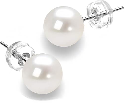 Round White Freshwater Cultured Pearl Stud Earrings, Sterling Silver 18K Gold Plated Hypoallergenic Earring Studs Jewelry For Women- AAAA Quality — image 1