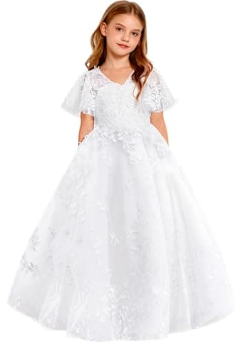 Lace First Communion Dress Ruffle Sleeves Flower Girl Dresses for Wedding Girls Pageant Ball Gown White-8