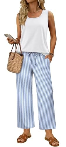 WIHOLL Two Piece Sets for Women Summer Spring Outfits Tank Square Neck Sleeveless Travel Vacation Lounge Wide Leg Pants Set view 2