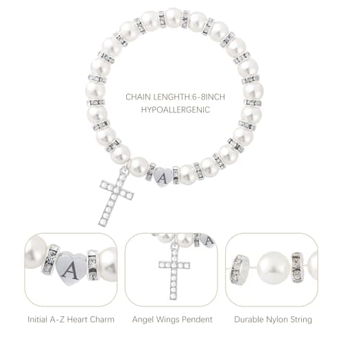 BAYLAY First Communion Gifts for Girls, Cross Bracelet for Teen Girl First Communion Bracelet for Girls Pearl Letter Initial Charm Bracelet First Holy Communion Gifts for Girl Catholic view 6
