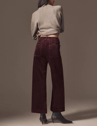 ACCPUR Women Corduroy Wide Leg Pants 2025 Fall Fashion Casual Button Down High Elastic Waist Trousers with Scalloped Pockets view 4