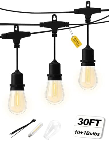 Hobbynors Outdoor String Lights 30FT, Patio Lights Outdoor Waterproof, Plug-in Hanging Lights with Shatterproof LED Bulbs, 2700K Warm White, E12 Connectable Lights for Porch Backyard Balcony Gazebo view 1