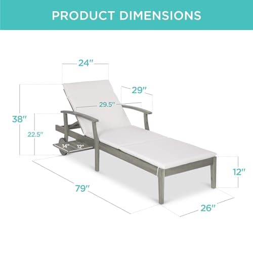 Best Choice Products 79x26in Acacia Wood Chaise Lounge Chair Recliner, Outdoor Furniture for Patio, Poolside w/Slide-Out Side Table, Foam-Padded Cushion, Adjustable Backrest, Wheels - Gray/Cream view 2