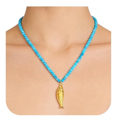 ownmysty Fish Boho Necklace for Women Beach Summer Jewelry Accessories for Women Blue Natural Stone Bead Necklace for Women Beach Vacation, Summer Beach Party — image 1