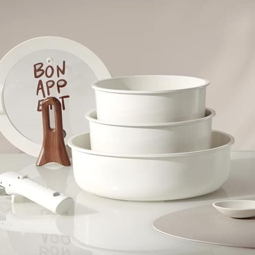 CAROTE 18Pcs Ceramic Cookware Set with Detachable Handle, Pots and Pans Set Non Stick, Non Toxic Kitchen Cooking Sets with Stand-Up Lid, PFAS and PFOA Free, Oven Safe, Induction Ready, Cream White view 5