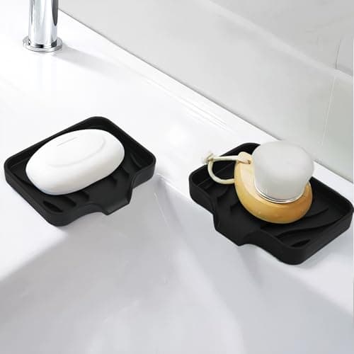 2 Pack Silicone Soap Dish with Drain, Bar Soap Holder for Shower,Bathroom and Kitchen Sink Organizer,Self Draining Waterfall Soap Tray (Black) view 2