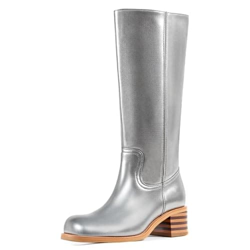 WIRALOMI Women's Knee High Campus Boots Square Toe Chunky Block Low Heel Vintage Long Boots for Women Wide Calf view 1