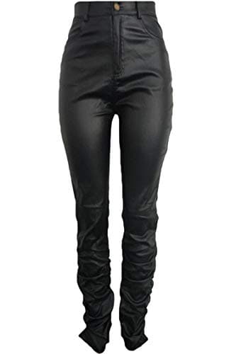 GUOLEZEEV PU Solid Middle High Waist Stacked Pants for Women Faux Leather Ruffle Ruched Bottom Leggings Pants view 4