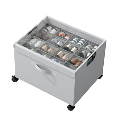 HOUSE AGAIN Shoe Organizer for Closet, Foldable Shoe Storage Organizer Box with Wheels and Adjustable Dividers, Sturdy Metal Frame Fits up to 16-32 Pairs, Large Shoes Storage with Clear Cover — image 1