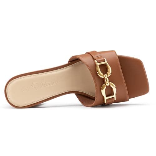 Athlefit Women's Raffia Heeled Sandals Square Open Toe Slip On Mules Chunky Block Heels with Metal Chain for Summer Vacation view 5