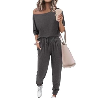 Zenlonr Women Summer 2 Piece Outfits 2026 Off Shoulder Short Sleeve Tops Elastic Waist Drawstring Long Pants Tracksuit