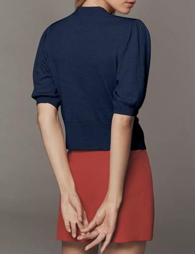 MSBESYOR Bow Tie Front Cardigan Sweater Short Puff Sleeve Button Down Trendy Summer Knit Thin Cropped Shirt Tops view 5