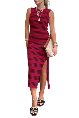 PRETTYGARDEN Summer Dresses for Women 2026 Casual Sleeveless Hollow Out Knit Side Slit Striped Beach Vacation Midi Dress — image 1