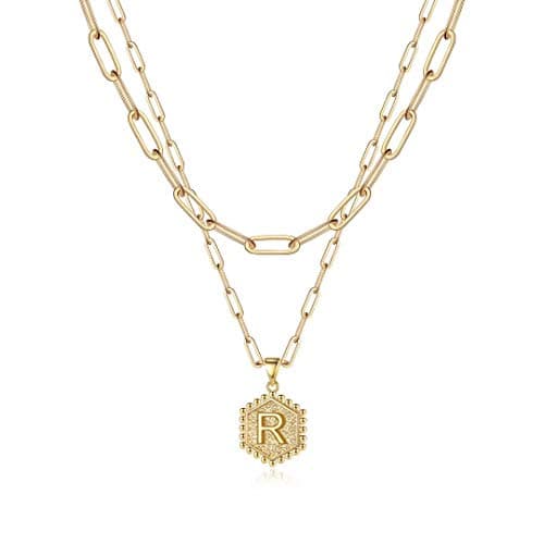 M MOOHAM Mothers Day Gifts, 14K-Gold-Plated Initial Necklaces for Women Cute Hexagon Letter Initial Necklace Layered Necklaces for Women Teen Girl Gifts — image 1