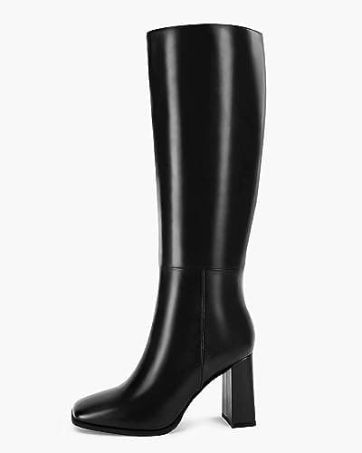 Coutgo Womens Wide Calf Knee High Boots Chunky High Heel Square Toe Fashion Leather Shoes with Side Zipper view 5