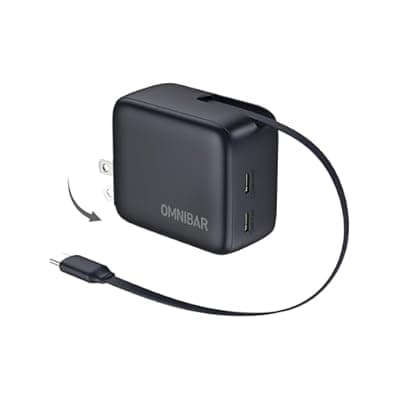 Omnibar Retractable 67W USB C Charger, 3 in 1 GaN Fast Charging Block with Foldable Plug, Compact PD PPS Type C Wall Charger for iPhone 17/16/15, Samsung Galaxy S26/S25, iPad, MacBook Air/Pro