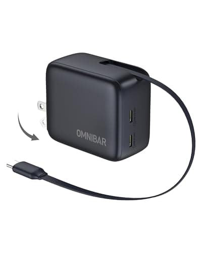 Omnibar Retractable 67W USB C Charger, 3 in 1 GaN Fast Charging Block with Foldable Plug, Compact PD PPS Type C Wall Charger for iPhone 17/16/15, Samsung Galaxy S26/S25, iPad, MacBook Air/Pro view 1