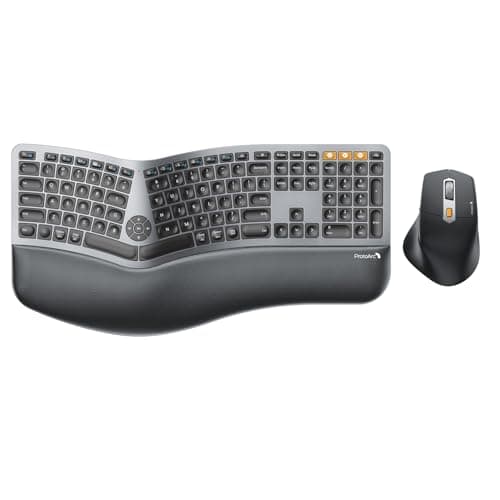 ProtoArc Ergonomic Keyboard Mouse, EKM01 Plus Full Size Wireless Bluetooth Ergo Keyboard Mouse Combo, Cushioned Palm Rest, Split Design, Rechargeable, Compatible for Windows, Mac OS - Gray and Black