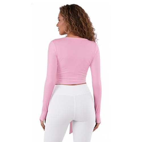 Women Ballet Pilates Wrap Tops Long Sleeve Tie Front Crop Shirts Y2K Dance Workout Yoga Going Out Tops view 5