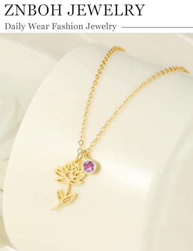 ZNBOH Birthstone Flower Necklace for Women 14k Gold Plated Dainty Necklace Trendy Pendant Necklace Simple Cute Choker Necklace Non Tarnish Emerald Blue Green Birthday Gifts for Women Jewelry view 5