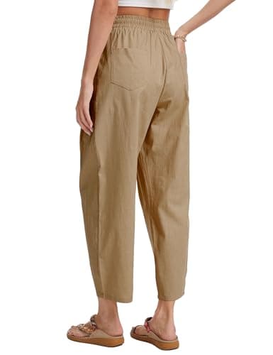DAOAO Cotton Linen Barrel Pants Women Wide Leg Hippie Boho Casual Loose Harem Pants Pleated Pull On Elastic Waist view 5