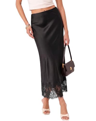 luvamia Satin Maxi Skirt Elastic Waist Lace Trim Long Slip Skirts for Women | Long Satin Skirt, Silky Fabric, Bias Cut, Easy Pull On Elastic Waistband, Straight Silhouette, Lace Hem Slip Skirt — image 1