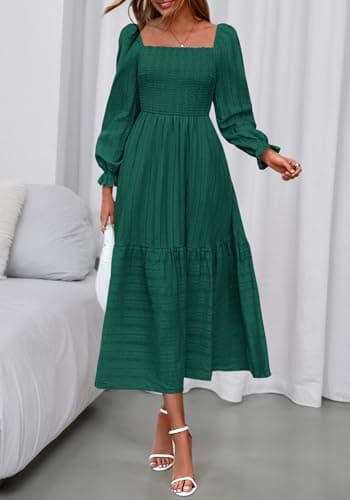 BTFBM Women Maxi Spring Dresses 2026 Long Sleeve Solid Color Square Neck Smocked Boho Long Wedding Guest Dress view 4
