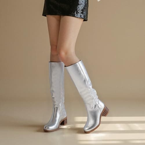 WIRALOMI Women's Knee High Campus Boots Square Toe Chunky Block Low Heel Vintage Long Boots for Women Wide Calf view 2