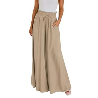 GUOLEZEEV Women Wide Leg Pants High Waisted Beach Pants Long Culottes Trendy Flowy Pants with Pockets