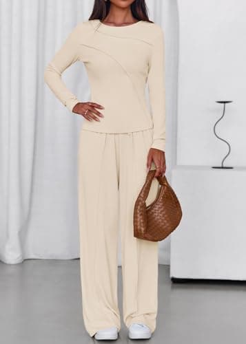 Lazysmile Lounge Sets For Women 2 Piece Sets Fall Outfits Long Sleeve Tops with Wide Legs Pants Casual Matching Set view 4