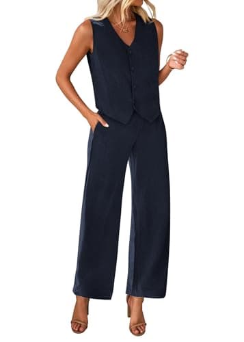 KIRUNDO 2 Piece Sets for Women Dressy Summer Button V Neck Crop Vest Blazer Wide Leg Pants Suit Matching Work Office Outfits — image 1