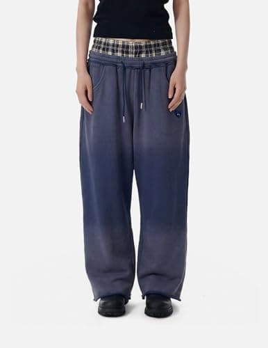 Aelfric Eden Double Waist Washed Baggy Sweatpants Loose Wide Leg Plaid Patchwork Casual Pants with Pockets view 2