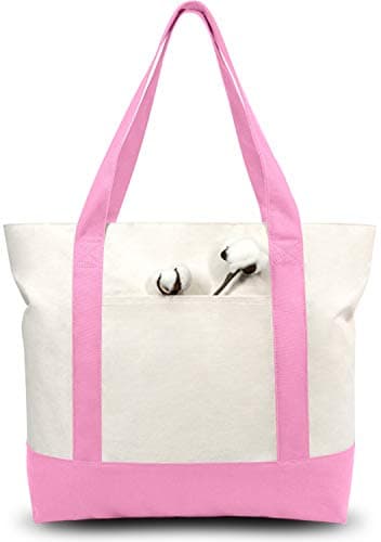 TOPDesign 1-Pack Canvas Tote Bag with an External Pocket, Reusable Grocery Shopping Bag, Top Zipper Closure, Daily Essentials (Pink/Natural) view 1