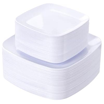 PULOTE 100PCS White Plastic Plates - White Square Disposable Include 50 Dinner 10 inch & 50 Dessert 7.25inch Plates, Ideal for Party & Wedding